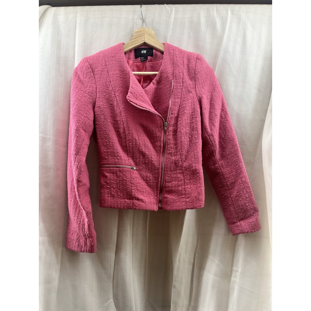 H&M Jacket Pink Asymmetrical Zip Blazer Pink Cropped Coat Women Size‎ 2